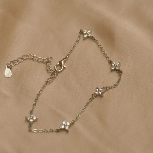 Silver steel rhinestone floral bracelet