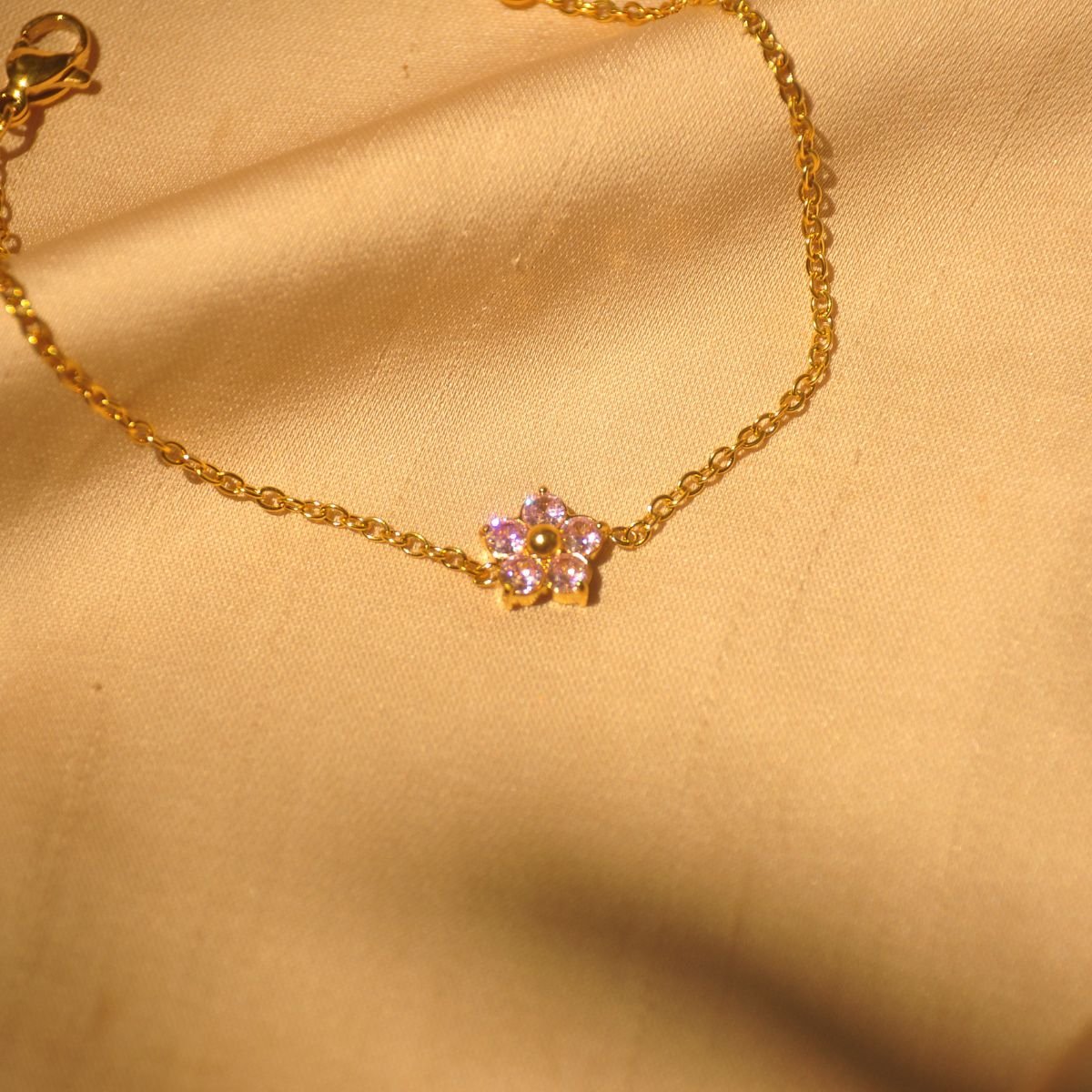 Pink rhinestone floral steel bracelet