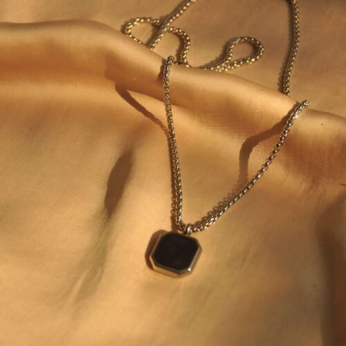 Black square silver steel chain
